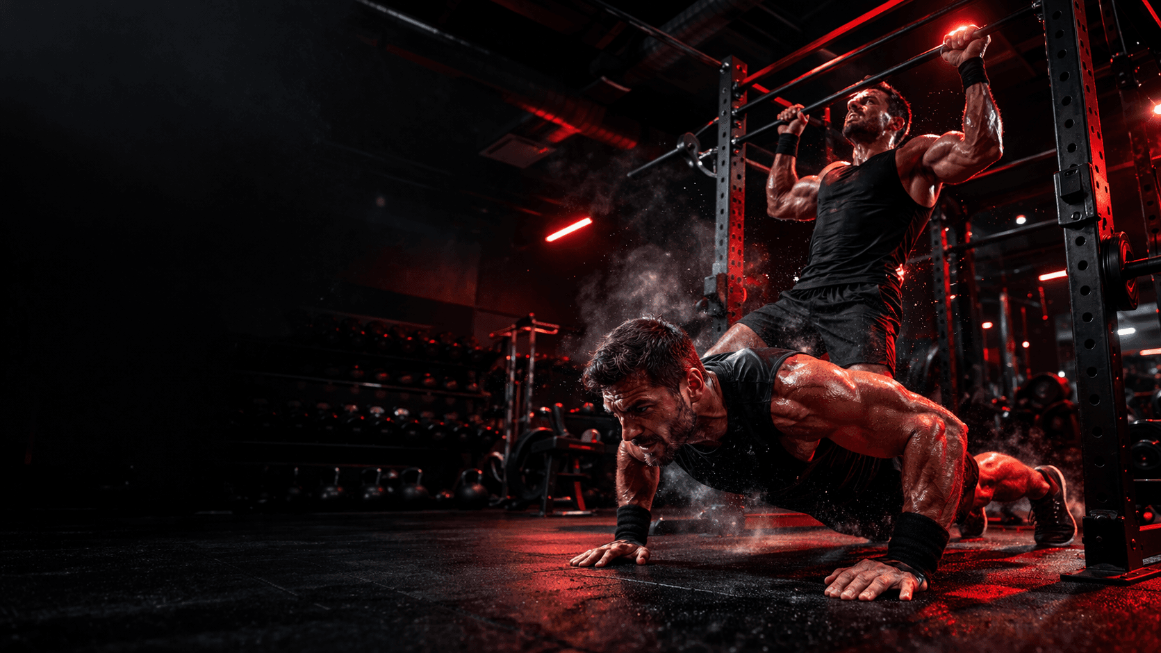 Persona entrenando intensamente en poco tiempo en un gimnasio moderno con estética fitness en rojo y negro.