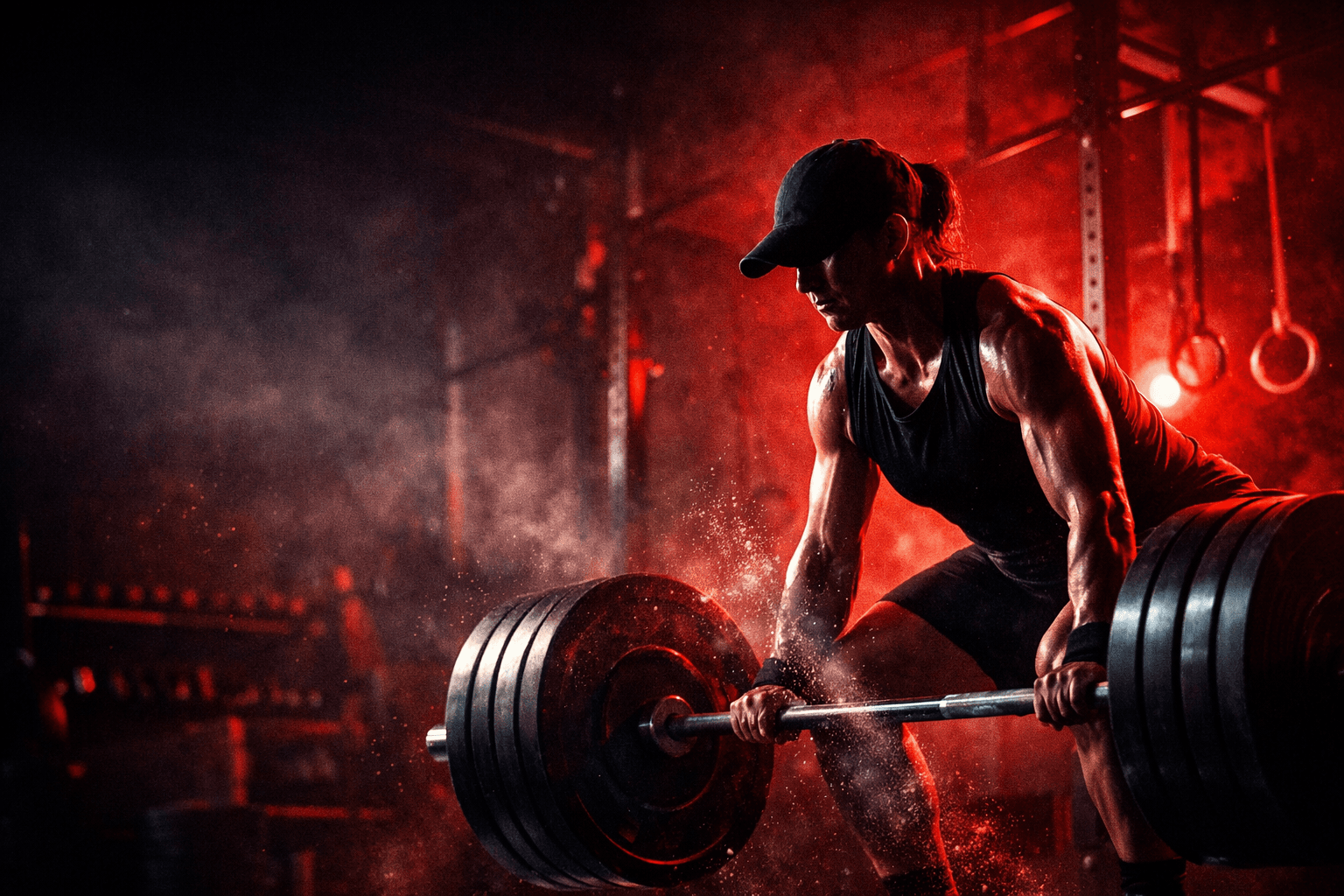 Atleta en pleno levantamiento en gimnasio con paleta roja y negra, iluminación dramática y espacio para superponer título.