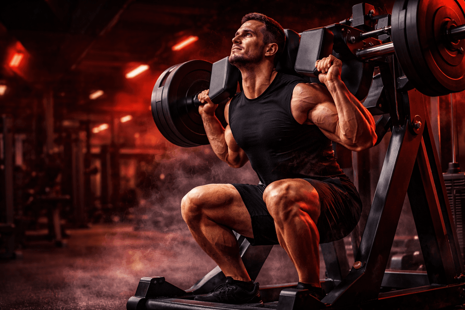 Atleta entrenando piernas en un gimnasio moderno, con énfasis en sentadilla hack y estética fitness en tonos rojos y negros.